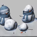 Adorable Snowman Ornament Figurine Set With Blue Knitted Hats Scarves Orange Noses And Various Poses