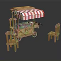 Wooden Food Cart With Red And White Striped Awning And Two Wooden Chairs