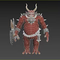 Red Horned Demon Character Holding Giant Axe With Spiked Armor And Chain