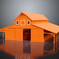 Orange Barn Style Building With Gabled Roof Double Door Small Windows And Porch Columns
