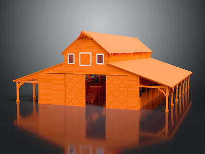 Orange Barn Style Building With Gabled Roof Double Door Small Windows And Porch Columns 3d model