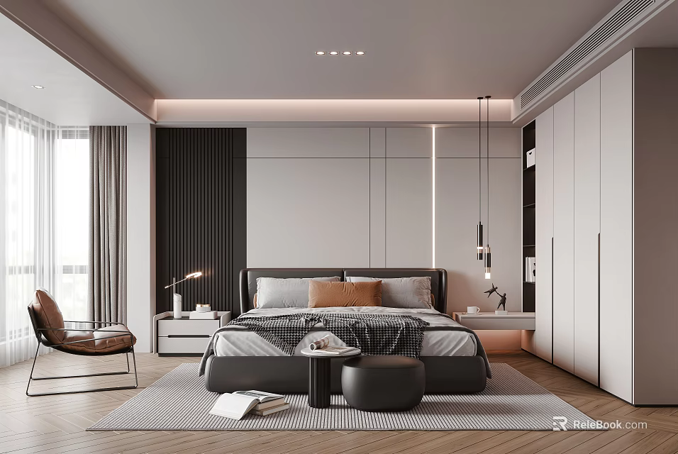 Modern Bedroom Interior With Comfortable Bed Wardrobe Accent Chair And Soft Carpet 3d model 
