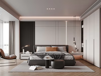 Modern Bedroom Interior With Comfortable Bed Wardrobe Accent Chair And Soft Carpet 3d model