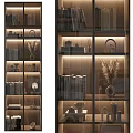 Modern Wooden Bookcase With Glass Doors LED Lighting And Decorative Items