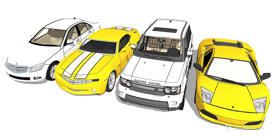 Various Car Types Including Yellow Sports Cars White Sedan and SUV Models 3d model 