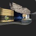 Modern Exhibition Hall Interior With Curved Wooden Walls Circular Windows And Digital Screen