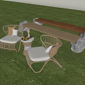 Outdoor Wicker Chairs With White Cushions Bench And Small Round Table On Green Lawn