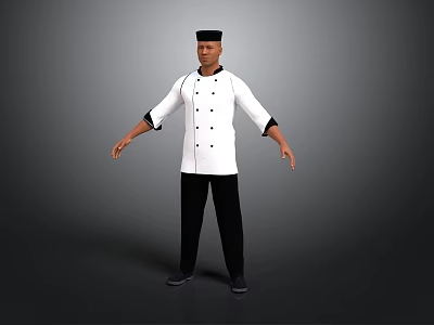 Professional White Chef Uniform With Black Cuffs Hat And Buttons For Kitchen Use 3d model
