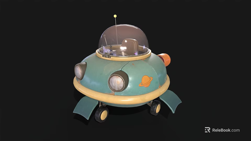Cartoon Flying Saucer With Blue Yellow Design Transparent Dome Bottom Wheels And Small Antenna 3d model 