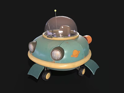 Cartoon Flying Saucer With Blue Yellow Design Transparent Dome Bottom Wheels And Small Antenna 3d model