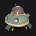 Cartoon Flying Saucer With Blue Yellow Design Transparent Dome Bottom Wheels And Small Antenna