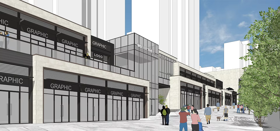 Urban Commercial Street Featuring Modern Glass Facade Multi story Shops And Pedestrians 3d model 