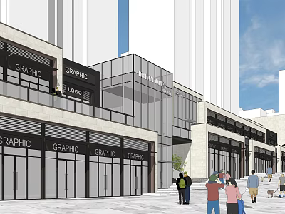 Urban Commercial Street Featuring Modern Glass Facade Multi story Shops And Pedestrians 3d model