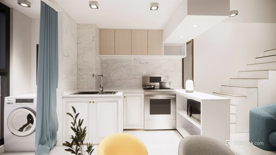 Modern Apartment Open Kitchen Interior Design With Island Counter And Appliances 3d model 