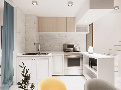 Modern Apartment Open Kitchen Interior Design With Island Counter And Appliances 3d model