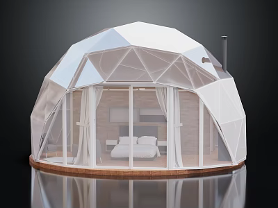 Dome Shaped Villa Balcony With Glass Walls Interior Bedroom And Wooden Base 3d model