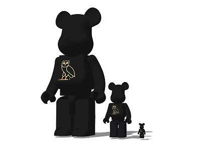 Black Bear Shaped Decorative Figurine Set With Three Sizes And Golden Owl Design 3d model