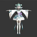 3D Anime Character With Green Hair Blue White Kimono Dress Purple Ribbon White Stockings