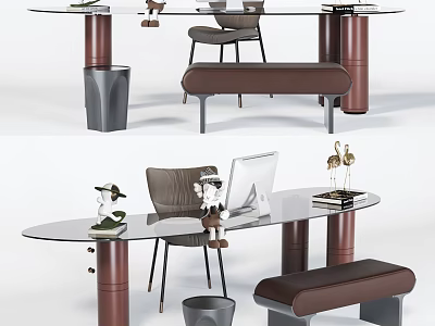 Modern Glass Top Desk With Leather Chair Laptop And Decorative Items 3d model
