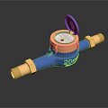 Blue Water Meter with Golden Connectors Open Lid and Clear Dial