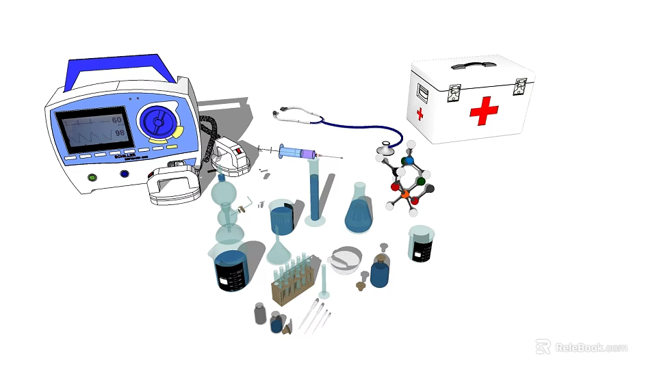 Essential Medical Devices With Monitor Stethoscope Syringe Laboratory Glassware And Chemical Models 3d model 