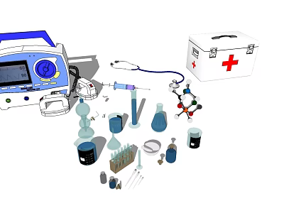Essential Medical Devices With Monitor Stethoscope Syringe Laboratory Glassware And Chemical Models 3d model