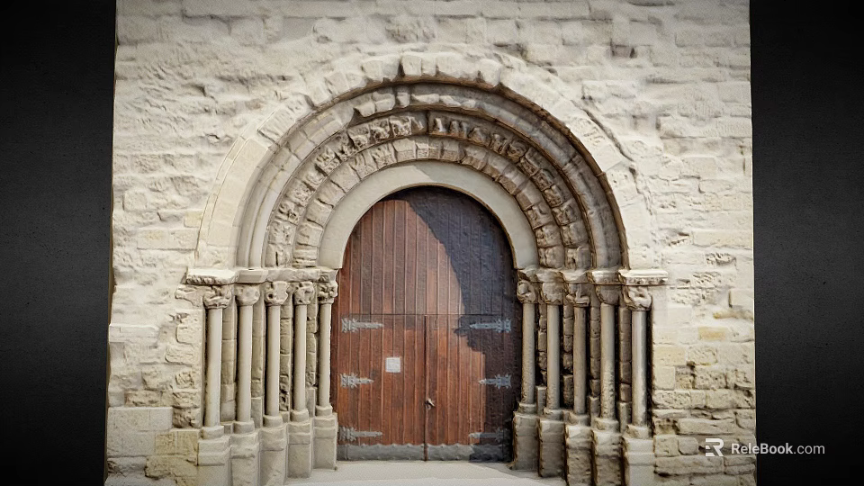 Historic Stone Entrance Gate with Arched Lintel Carved Ornaments and Wooden Door Flanked by Columns 3d model 