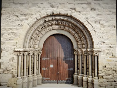 Historic Stone Entrance Gate with Arched Lintel Carved Ornaments and Wooden Door Flanked by Columns 3d model
