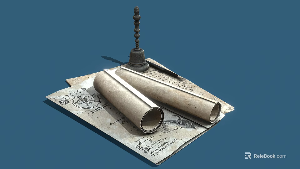 Ancient Scrolls With Handwritten Text And Drawings On Aged Paper And Vintage Inkwell 3d model 