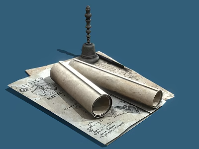 Ancient Scrolls With Handwritten Text And Drawings On Aged Paper And Vintage Inkwell 3d model