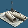Ancient Scrolls With Handwritten Text And Drawings On Aged Paper And Vintage Inkwell