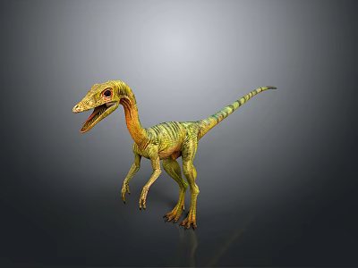 3D Rendered Dinosaur Model With Green Yellow Stripes Open Mouth Standing On Grey Background 3d model