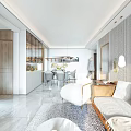 Elegant Modern Open Living And Dining Room With Sofa Dining Table And Decorative Lighting