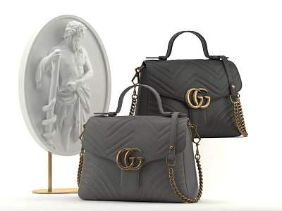 Gray Chevron Pattern Bags With Gold GG Logo Chain Straps And White Sculpture 3d model