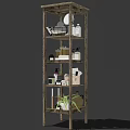 Bathroom Accessories Organized on Metal Shelves with Bottles Green Plants and Mirror