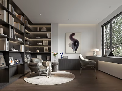 Modern Study Room Interior With Bookshelves Armchair Desk And Large Window 3d model