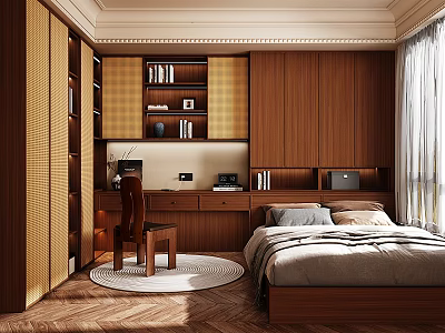 Tatami Bedroom Featuring Wooden Cabinets Desk Chair Round Rug And Window Curtains 3d model