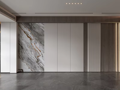 Modern Minimalist Sofa Background Wall With Marble Texture White Panels And Wooden Accents 3d model