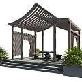 Traditional Chinese Garden Pavilion With Wooden Latticed Roof Stone Table Chairs And Green Plants