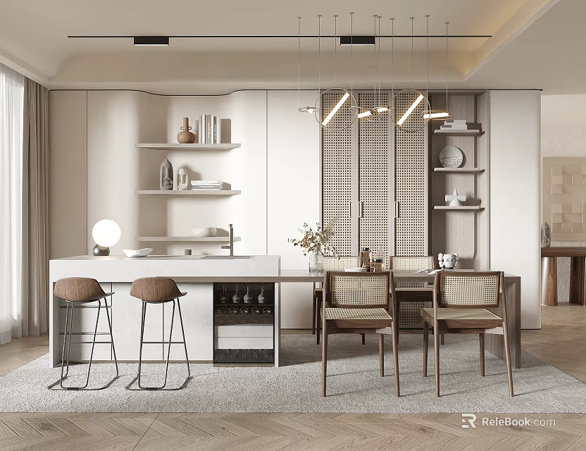 Contemporary Restaurant Interior With Dining Table Chairs And Hanging Lights 3d model