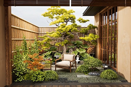 New Chinese Courtyard Landscape Pine Plant Combination Outdoor Seat Landscape Sketch 3d model