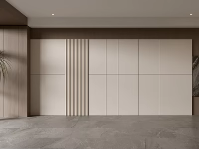 Modern Sofa Background Wall With Light Colored Panels And Vertical Slats Design 3d model