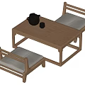 Wooden Tea Table With Teapot Teacup And Cushioned Chairs In Interior Design