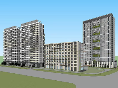 Modern High Rise Residential Buildings With Low Rise Structure And Greenery Design 3d model