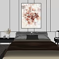 Modern Bedroom With Abstract Painting Dark Bed Nightstand Dried Flowers And Lamp