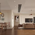 Stylish Living Dining Room Interior Design With Brown Sofa Bookshelf And Chandelier