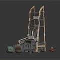 Ancient Tools and Artifacts Collection With Wooden Shelf Clay Pots Stone Mill and Tools