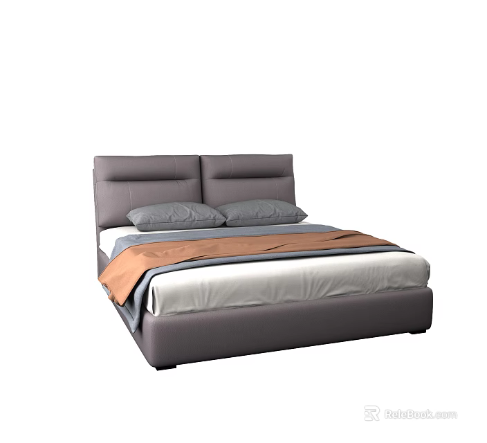 Gray Leather Double Bed With Headboard Pillows Bed Sheets And Orange Blanket 3d model