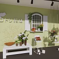 Green Wall Flower Shop Interior With Window White Shutters Hanging Plants And Flower Bouquets
