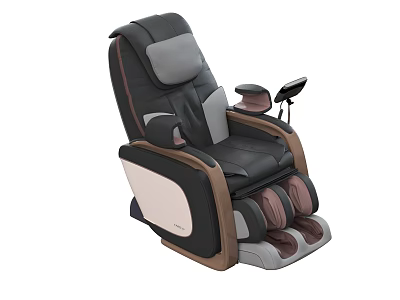 Ergonomic Black Leather Massage Chair With Brown Wooden Armrest And Footrest Control Panel 3d model